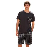 G.N Dreamer Men's Short Sleeve Pyjama Set - 2-Piece Sleepwear Soft & Breathable Cotton Lounge Wear Set Round Neck Short Sleeve Checked Shorty Casual Loungewear Grey