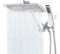 G-Promise All Metal Shower Head with Hose, Square Rain Shower Head with Handheld Shower Combo, 71" Extra Long Shower Hose, 3 Way Diverter Height Adjustable Extension Arm (Chrome, 14 Inch