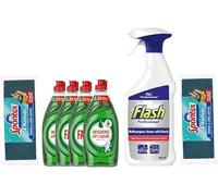G Sales Bye Fairy Washing Up Liquid 320ml 4 Pack, Flash Spray with Bleach, 8 General Purpose Sponge Scourers, Kitchen Cleaning Kit,