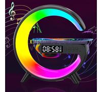 G-Shaped lamp Atmosphere RGB Mood Light, LED Bedside 4-in-1 Alarm Clock, Speaker & Wireless Charger for Home Decor, Bedroom, Office, Gifts (Black)