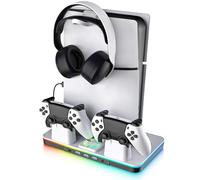 G-STORY PS5/Pro/Slim Stand and Cooling Station with Dual Controller Charger for Playsation 5 Disc&Digital Consoles, RGB Light, Cooling Fan, Headset Holder PS5 Accessories 3 USB Hub(1x3.0 & 2x2.0)