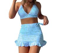 G String Bikini Sets for Women UK, Plus Size Women's Bikinis, Floral Print Women's Bikini Swimsuit Triangle String Halter Bathing Suits Wedding Gifts Thank You Gifts Lightblue