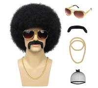 G&T Wig 70s Afro Wig for Men Disco Costume Set Glasses Chain Mustache Short Curly Natural Black Hair Fluffy Synthetic Funny Wig for Party Halloween Hippies Rocker（Black）