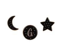 G Themed Gift Set Collection Of 3 Pin Badges Including A Black Studded Crescent Moon, Letter G And A Star