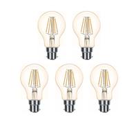 G.W.S® LED Filament Bulb, GLS A60 B22 Bayonet, LED Globe Bulb, 8W Dimmable Warm White 2700K, Amber Glass, Pack of 5