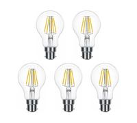 G.W.S® LED Filament Bulb, GLS A60 B22 Bayonet, LED Globe Bulb, 8W Dimmable Warm White 2700K, Clear Glass, Pack of 5