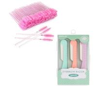 G2PLUS 100 PCS Pink Disposable Eyelash Brushes Spoolies and 3 PCS Eyebrow Razor Shaper