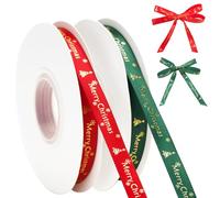 G2PLUS 10mm Merry Christmas Ribbon: Red and Green Grosgrain Band with Gold Christmas Tree and Snowflakes, 50 Yard for Tree Decoration, DIY Crafts,Gift Wrapping