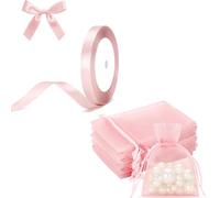 G2PLUS 10mm Pink Satin Ribbons 22m and 100pcs Baby Pink Organza Bags 7x9 cm