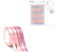 G2PLUS 10mm x 22M 4 Rolls Dusty Pink Satin Ribbon and 2MM Gradient Colour Jute Twine 50M