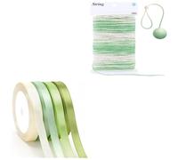 G2PLUS 10mm x 22M 4 Rolls Sage Green Satin Ribbon and 2MM Sage Green Natural Gradient Colour Jute Twine 50M
