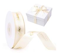 G2PLUS 15mm Happy Birthday Ribbon with Gold Foil Hearts: 25 Yards Beige Gift Wrapping Ribbon for Birthday Packaging, Party Decoration