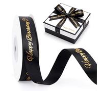 G2PLUS 15mm Happy Birthday Ribbon with Gold Foil Hearts: 25 Yards Black Gift Wrapping Ribbon for Birthday Packaging, Party Decoration