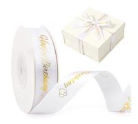 G2PLUS 15mm Happy Birthday Ribbon with Gold Foil Hearts: 25 Yards White Gift Wrapping Ribbon for Birthday Packaging, Party Decoration