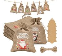 G2PLUS 24 PCS Advent Calandar Bags, 10x15cm Medium Christmas Burlap Bags, Hessian Christmas Sacks, Christmas Burlap Drawstring Bags for Advent Calandar, Christmas Party Decoration