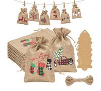 G2PLUS 24 PCS Advent Calandar Bags, 13x18cm Large Christmas Burlap Bags, Hessian Christmas Sacks, Christmas Burlap Drawstring Bags for Advent Calandar, Christmas Party Decoration