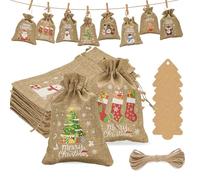 G2PLUS 24 PCS Advent Calendar Bags, 13x18cm Large Burlap Drawstring Sacks for Christmas Party Decoration