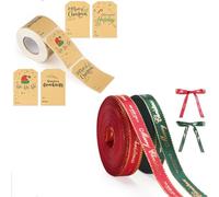 G2PLUS 300PCS Merry Christmas Paper Stickers and 10mm Merry Christmas Ribbon: Red and Green Gold 20 Yards