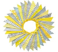 G2PLUS 36PCS Grey and Yellow Fabric Bunting Banner, 10M Two Layer Triangle Flag Garland, 17x19CM Double Sided Large Floral Pennants for Wedding Birthday Parties Decoration