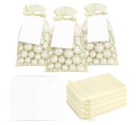 G2PLUS 50 Pack Organza Gift Bags with Tags: 10 x 15 cm Beige Drawstring Favour Pouches with 4 x 7 cm White Tags for Wedding Party Favours Jewellery Candy