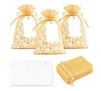 G2PLUS 50 Pack Organza Gift Bags with Tags: 10 x 15 cm Gold Drawstring Favour Pouches with 4 x 7 cm White Tags for Wedding Party Favours Jewellery Candy