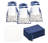 G2PLUS 50 Pack Organza Gift Bags with Tags: 10 x 15 cm Navy Blue Drawstring Favour Pouches with 4 x 7 cm White Tags for Wedding Party Favours Jewellery Candy