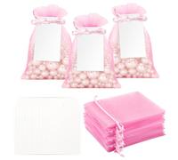 G2PLUS 50 Pack Organza Gift Bags with Tags: 10 x 15 cm Pink Drawstring Favour Pouches with 4 x 7 cm White Tags for Wedding Party Favours Jewellery Candy