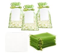 G2PLUS 50 Pack Organza Gift Bags with Tags: 10 x 15 cm Sage Green Drawstring Favour Pouches with 4 x 7 cm White Tags for Wedding Party Favours Jewellery Candy