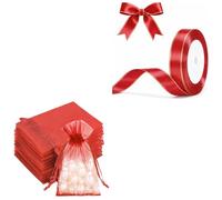G2PLUS 50PCS 7x9CM Red Organza Gift Pouches and 20mm Red Ribbon with Gold Edge 22m