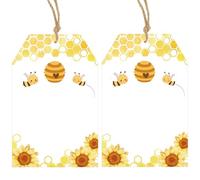 G2PLUS 50Pcs Bee Sunflower Gift Tags,8.5x5.5cm Labels for Gift Wrapping,White Yellow Paper Tags, Labels with String for Bee Flower Themed Party, Nature Spring Festivals, Easter
