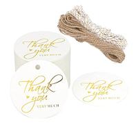 G2PLUS 5CM Thank You Gift Tags, 100 PCS Round White Paper Labels with Gold Thank You, 300g/m² Thank You Tags with String for Wedding Birthday Gift Favors Wrapping