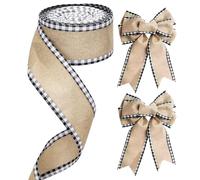 G2PLUS 63mm Burlap Wired Ribbon with Gingham Edge: 10M Rustic Hessian Ribbon for Wedding Decoration, Farmhouse Decor, Gift Wrapping, DIY Crafts, Floral Bows