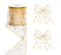 G2PLUS 6cm Wired Organza Christmas Ribbon: 9m Gold Christmas Tree Ribbon with Snowflake Pattern for Gift Wrapping, Xmas and Winter Decoration