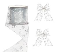 G2PLUS 6cm Wired Organza Christmas Ribbon: 9m Silver Christmas Tree Ribbon with Snowflake Pattern for Gift Wrapping, Xmas and Winter Decoration