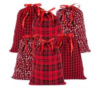 G2PLUS 6PCS Large Fabric Gift Bags: Reusable Christmas Drawstring Bags, 50x40CM and 40x30CM Red-Black Plaid Xmas Sacks for Presents Wrapping