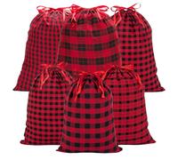 G2PLUS 6PCS Large Fabric Gift Bags: Reusable Christmas Drawstring Bags, 50x40CM and 40x30CM,Red-Black Strip Xmas Sacks for Presents Wrapping