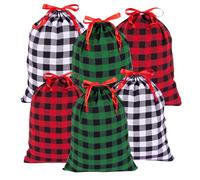G2PLUS 6PCS Large Fabric Gift Bags: Reusable Christmas Drawstring Bags, 50x40CM and 40x30CM, Red Green Plaid Xmas Sacks for Presents Wrapping
