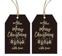 G2PLUS Black Merry Christmas Tags, Xmas Gift Labels for Present Wrapping, with Gold Christmas Bell Design for Presents Decoration, 50PCS