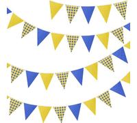 G2PLUS Burlap Fabric Gingham Bunting Banner: 36PCS Large Outdoor Triangle Flags, 10m Blue and Yellow Vintage Bunting Banner for Vintage Themed Party, Birthday, Tea Party, Garden Decoration