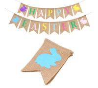 G2PLUS Burlap Happy Easter Bunting Banner, Hessian Banner with Colotful Happy Easter Letter, Burlap Happy Easter Bunting with Rabbit, Burlap Easter Decorations for Easter Party Decor