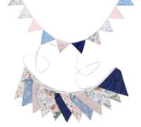 G2PLUS Double Sided Fabric Bunting Banner - 12PCS Pink and Blue Triangle Pennants for Nursery, Cotton Decorations for Girls Bedroom Birthday Parties, 3.3M