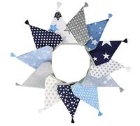 G2PLUS Fabric Bunting Banner with Tassel, 3.3M Double Sided Cotton Tassel Banner with 12 Blue and Grey Triangle Pennants, Vintage Cloth Garlands for Nursery Bedroom Playhouse Decoration