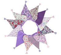 G2PLUS Fabric Bunting Banner with Tassel, 3.3M Double Sided Cotton Tassel Banner with 12 Purple Triangle Pennants, Vintage Cloth Garlands for Nursery Bedroom Playhouse Decoration