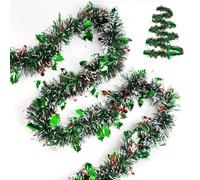 G2PLUS Green Christmas Tinsel Garland: 10m x 9cm Metallic Glittery Fluffy Hanging Decorations for Christmas Trees, Wardrobes, Doors, Ceilings, Railings and Wreath Making