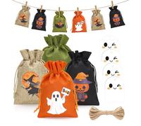 G2PLUS Halloween Burlap Gift Bags: 10x15cm Treat Bags with Drawstring, 24PCS Hessian Pouches with Ghost Tags and Twine for Kids Halloween Party Favor, Trick or Treat