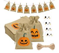 G2PLUS Halloween Burlap Gift Bags: 13x18cm Pumpkin Print Treat Bags with Drawstring, 24PCS Hessian Pouches with Ghost Tags and Twine for Kids Halloween Party Favor, Trick or Treat