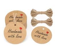 G2PLUS Handmade with Love Gift Tags: Kraft Paper Round Labels with 10m Twine, 100pcs Packaging Tags for DIY, Small Business, Wedding, Birthday, Christmas, Thank You Gifts