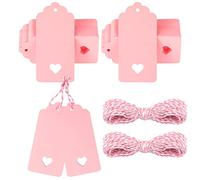 G2PLUS Pink Gift Tags with Heart, 100PCS Blank Paper Tags with String, 4.5cm x 9.5cm Large Gift Labels for Wedding Favors, Presents, 300g/m²
