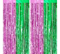 G2PLUS Pink Green Foil Curtains: 2PCS Metallic Tinsel Foil Fringe Curtains, 1m×2m Party Backdrop Streamers for Wicked Magic Witch Theme Party