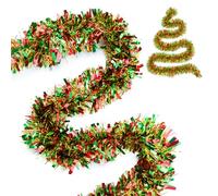 G2PLUS Red Green and Gold Christmas Tinsel Garland: 10m x 9cm Metallic Glittery Fluffy Hanging Decorations for Christmas Trees, Wardrobes, Doors, Ceilings, Railings and Wreath Making